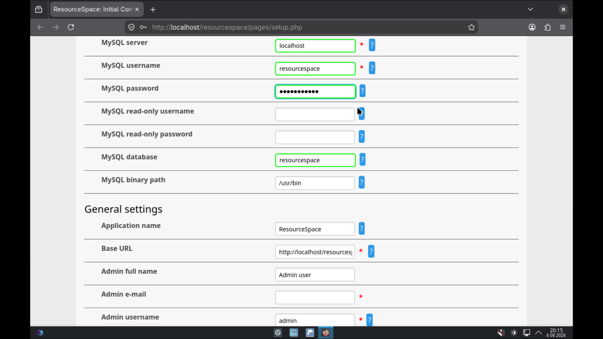 ResourceSpace Install Step 4: Database Setup