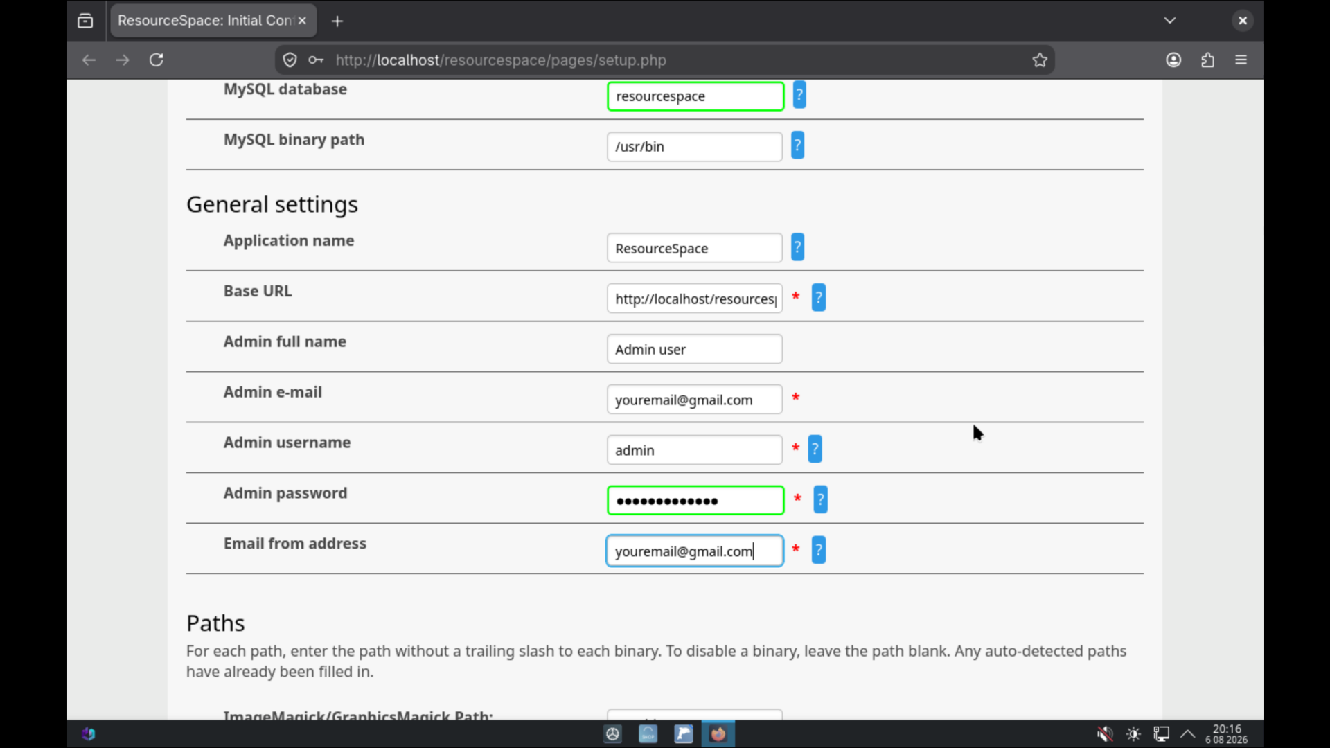 ResourceSpace Install Step 5: Administrator Settings