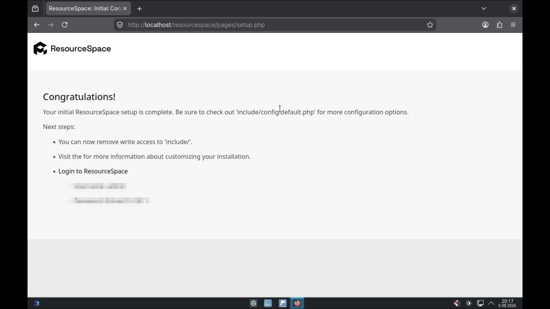 ResourceSpace Install Step 7: Confirmation Screen