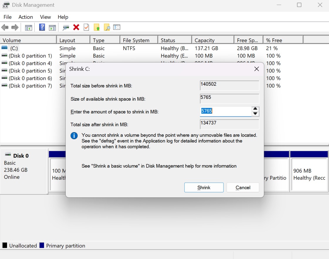 Enter shrink amount